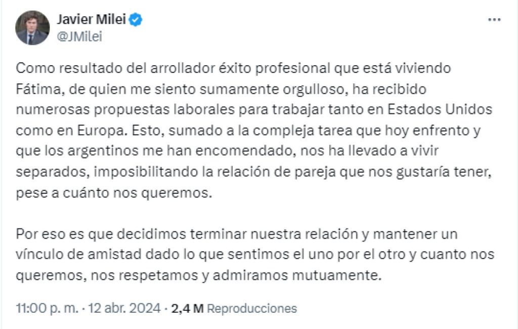 Javier Milei confirma su separación de Fátima Florez: Razones y Consecuencias